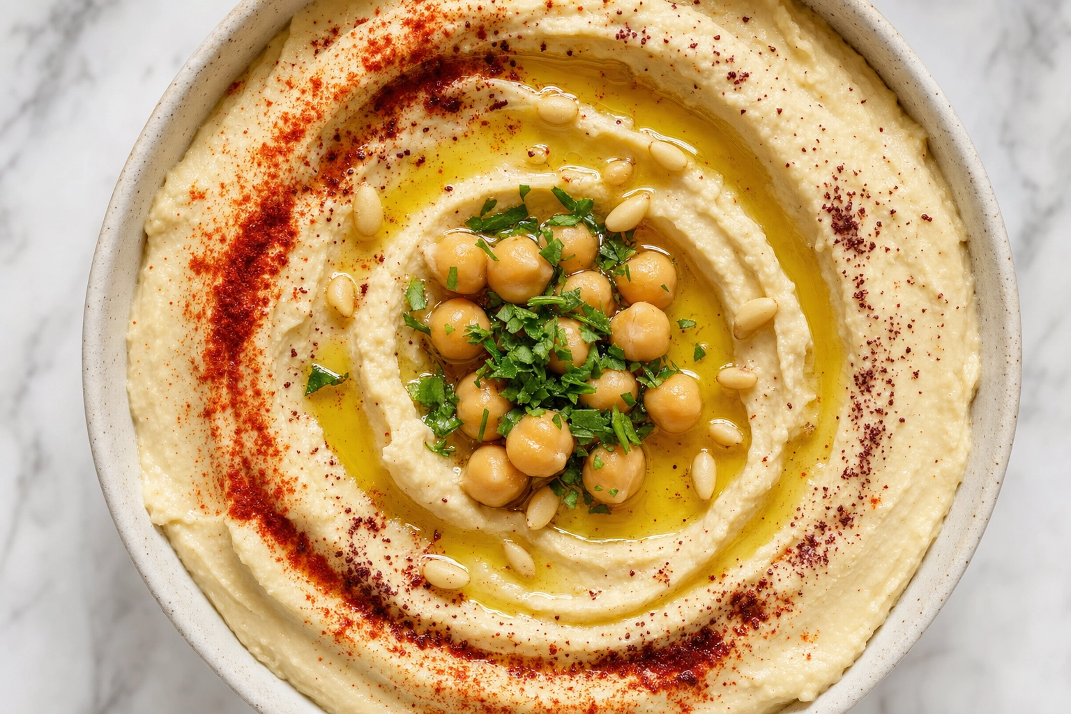 Overhead hummus swirl with olive-oil pool, paprika, whole chickpeas and pine nuts in a bowl on marble