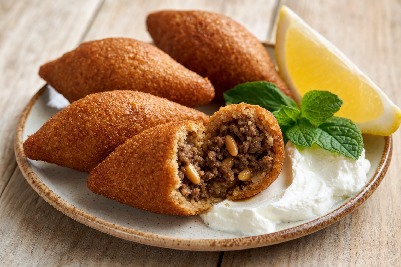 Fried Lebanese kibbeh with one split open showing the spiced lamb and pine-nut core, beside labneh
