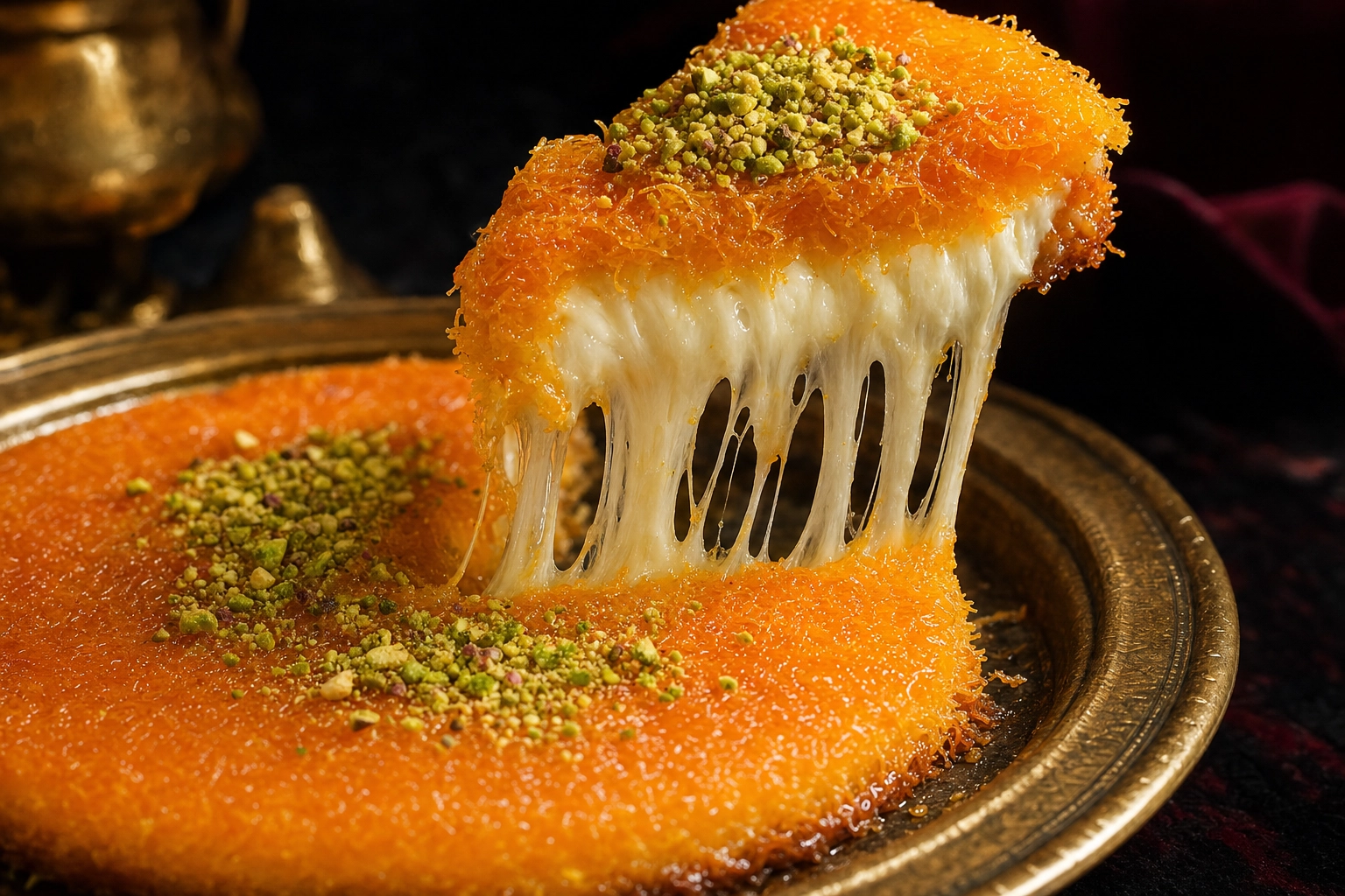 Wedge of bright-orange Lebanese knafeh with a molten cheese pull and crushed pistachios on a brass tray