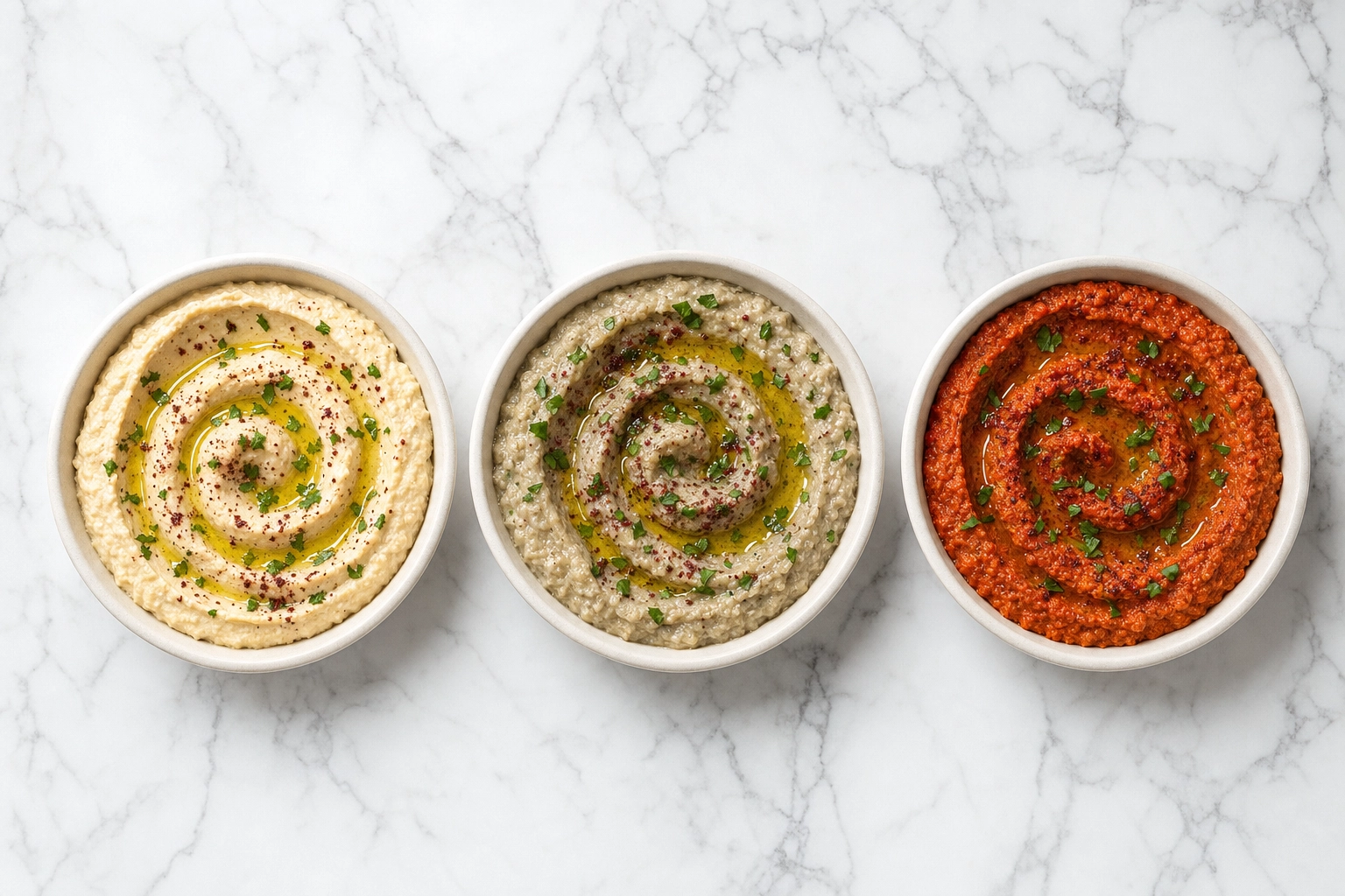 Three matching Lebanese dips — hummus, baba ghanoush and muhammara — styled identically on white marble