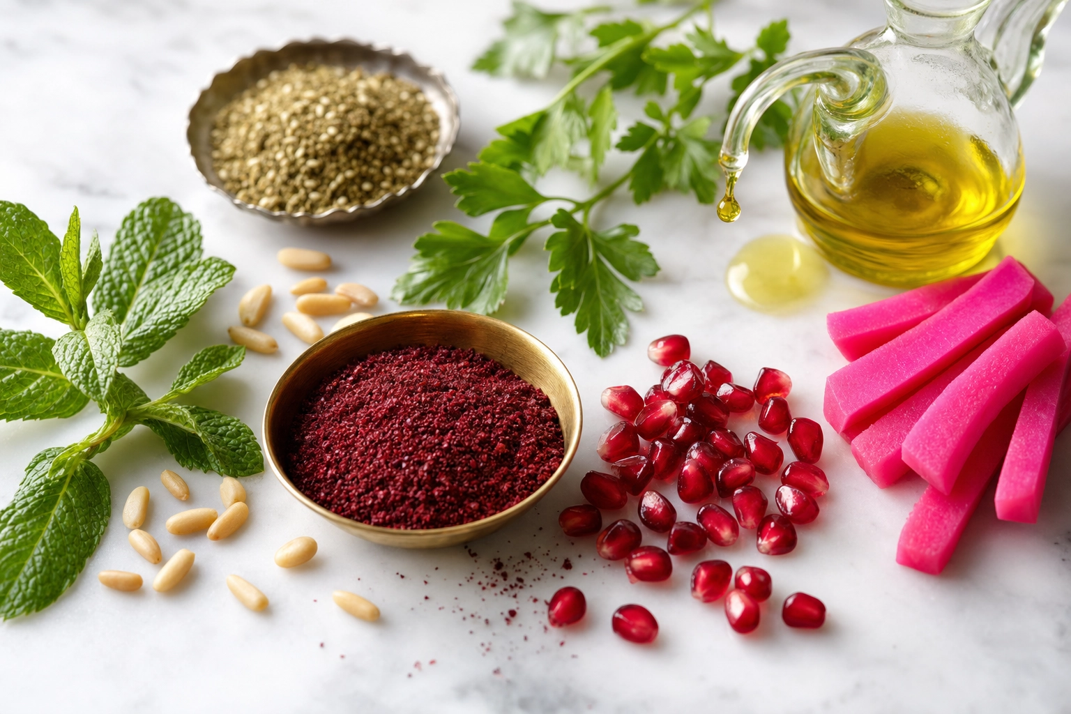 Lebanese food styling props on marble: sumac, za'atar, pomegranate, pine nuts, mint and olive oil cruet