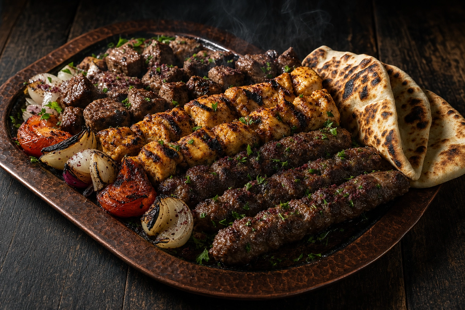 Lebanese mixed grill of kafta, shish tawook and lamb skewers with sumac on a copper tray in moody light