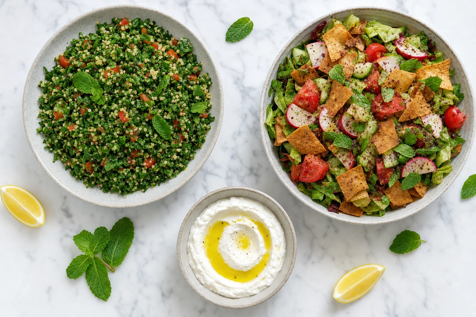 Overhead Lebanese tabbouleh, fattoush and labneh on marble showing color-contrast flat-lay composition