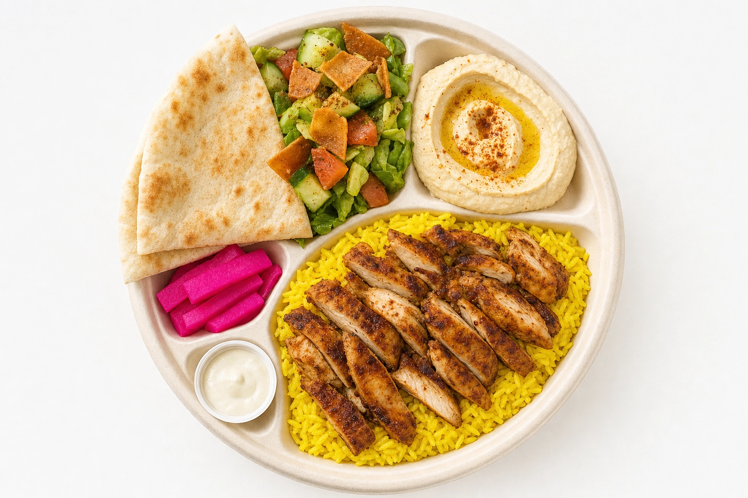 Overhead Lebanese shawarma rice plate with hummus, pita and salad styled for a delivery-app thumbnail