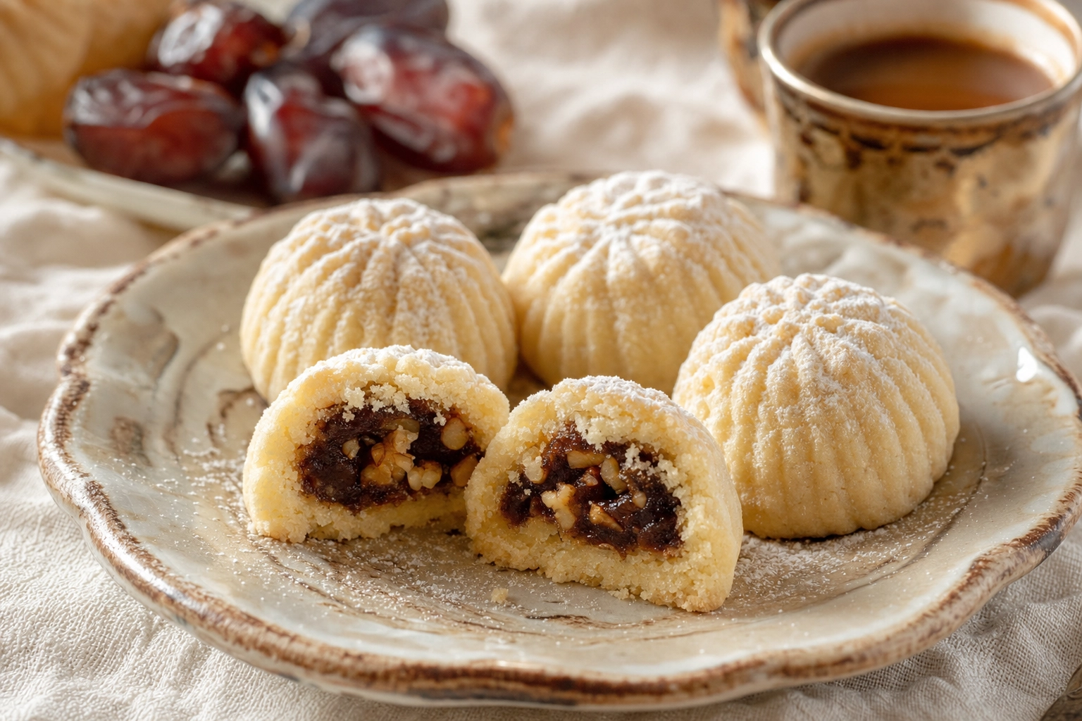 Lebanese ma'amoul date-filled shortbread cookies dusted with sugar, one broken open, on a ceramic plate