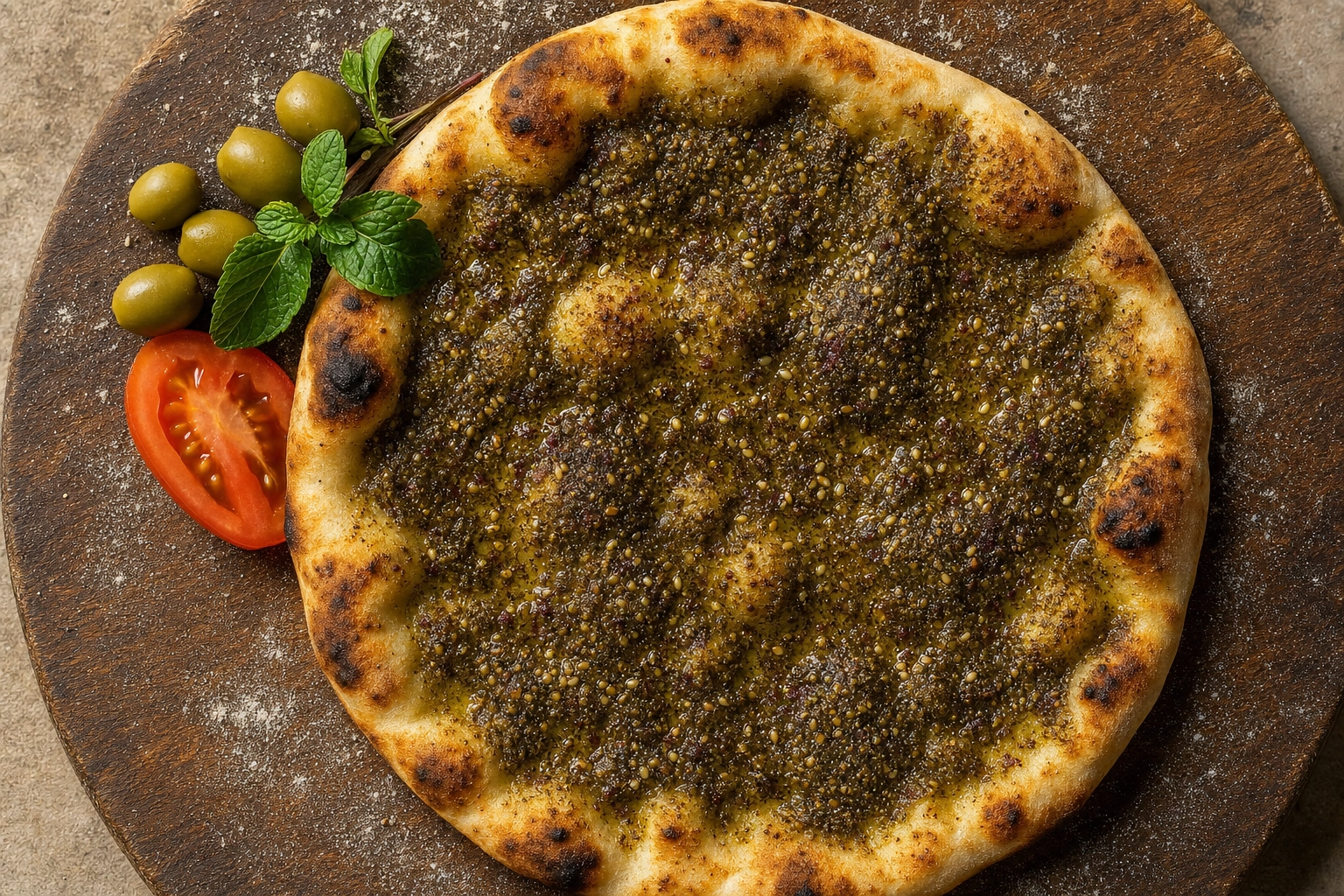 Overhead za'atar manakish flatbread with glistening green herb topping on a rustic wooden board