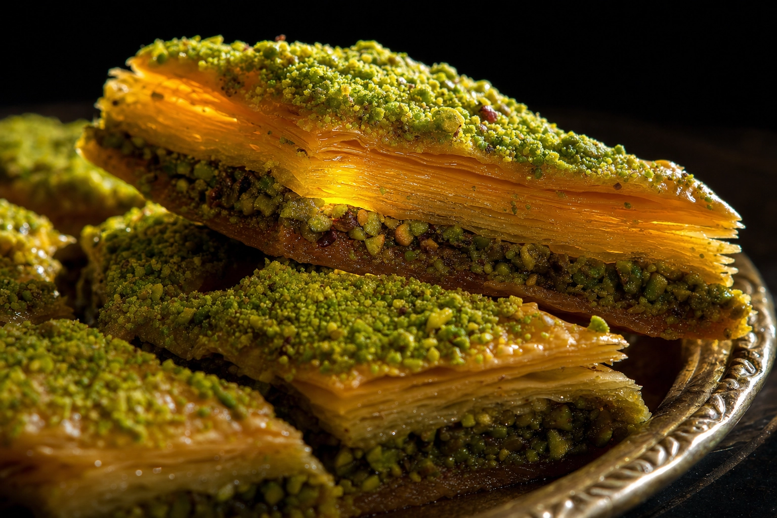 Macro of diamond-cut pistachio baklava showing golden phyllo layers, green pistachios and syrup sheen