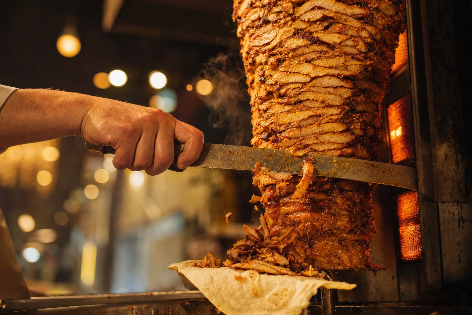 Cook carving spiced chicken shawarma off a vertical rotisserie spit with a long knife under warm light