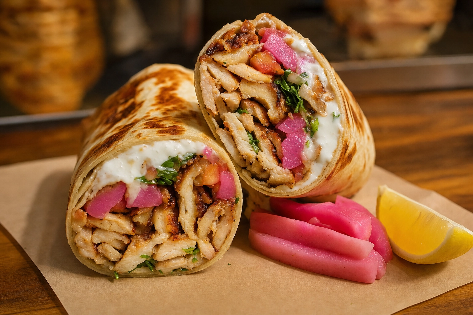 Lebanese chicken shawarma wrap cut in half showing meat, toum, pink pickles and parsley in saj bread