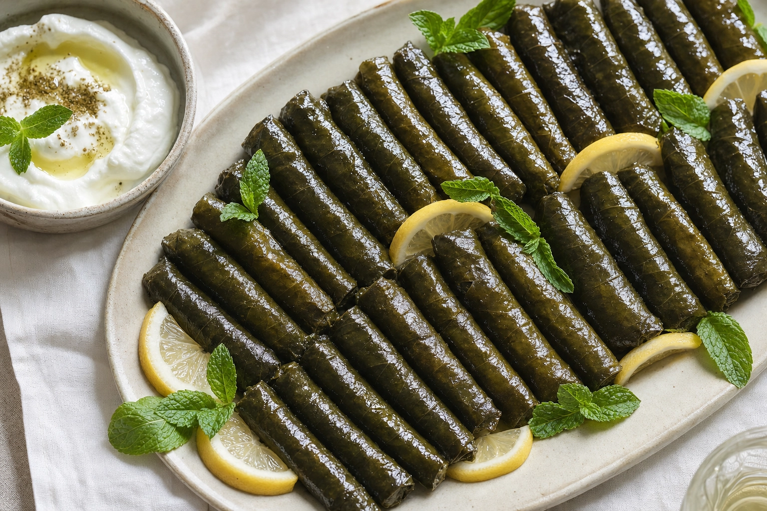 Overhead rows of glossy Lebanese stuffed grape leaves (warak enab) with lemon and mint on a platter