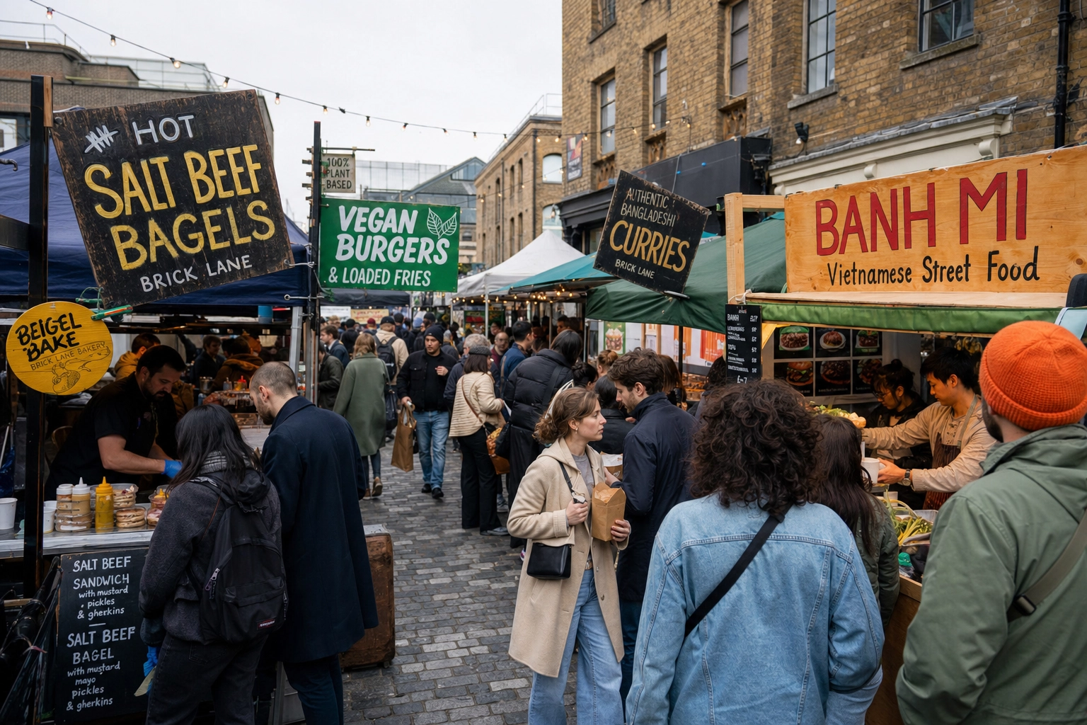 Brick Lane Sunday food market with multiple food stalls and customers showing London street food density