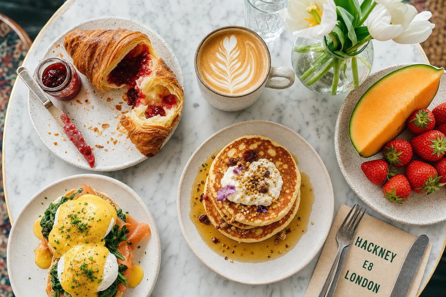 Hackney brunch flat-lay with pancakes eggs benedict and flat white showing London cafe Instagram content needs