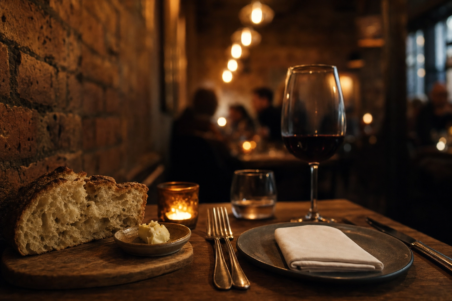 Atmospheric London bistro table setting with sourdough and wine showing intimate UK dining atmosphere