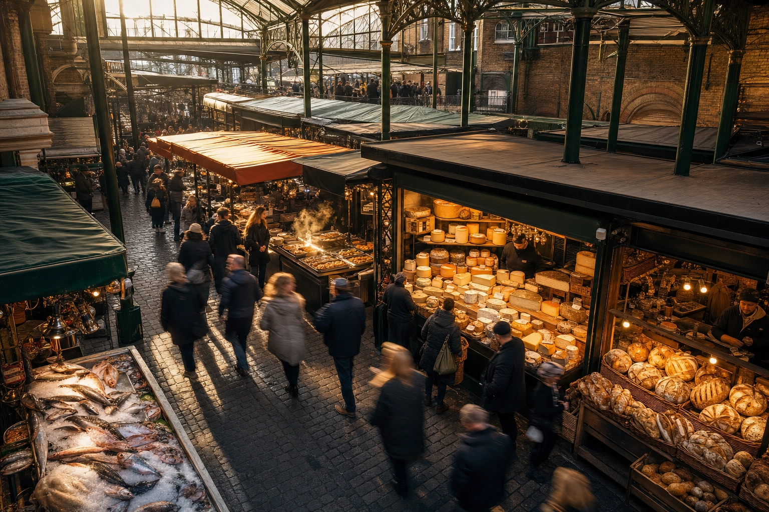 London Borough Market food stalls in golden hour light showing vibrant capital food scene where photographers compete for clients