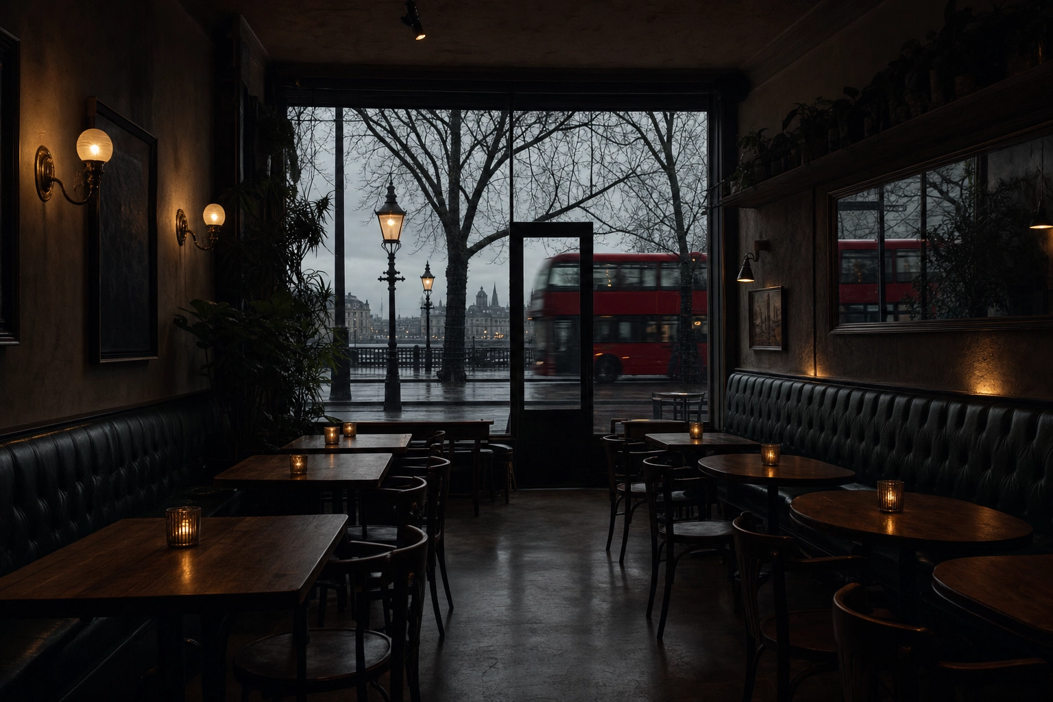 Dim empty London cafe interior at 3pm in December showing limited winter daylight challenge for food photography