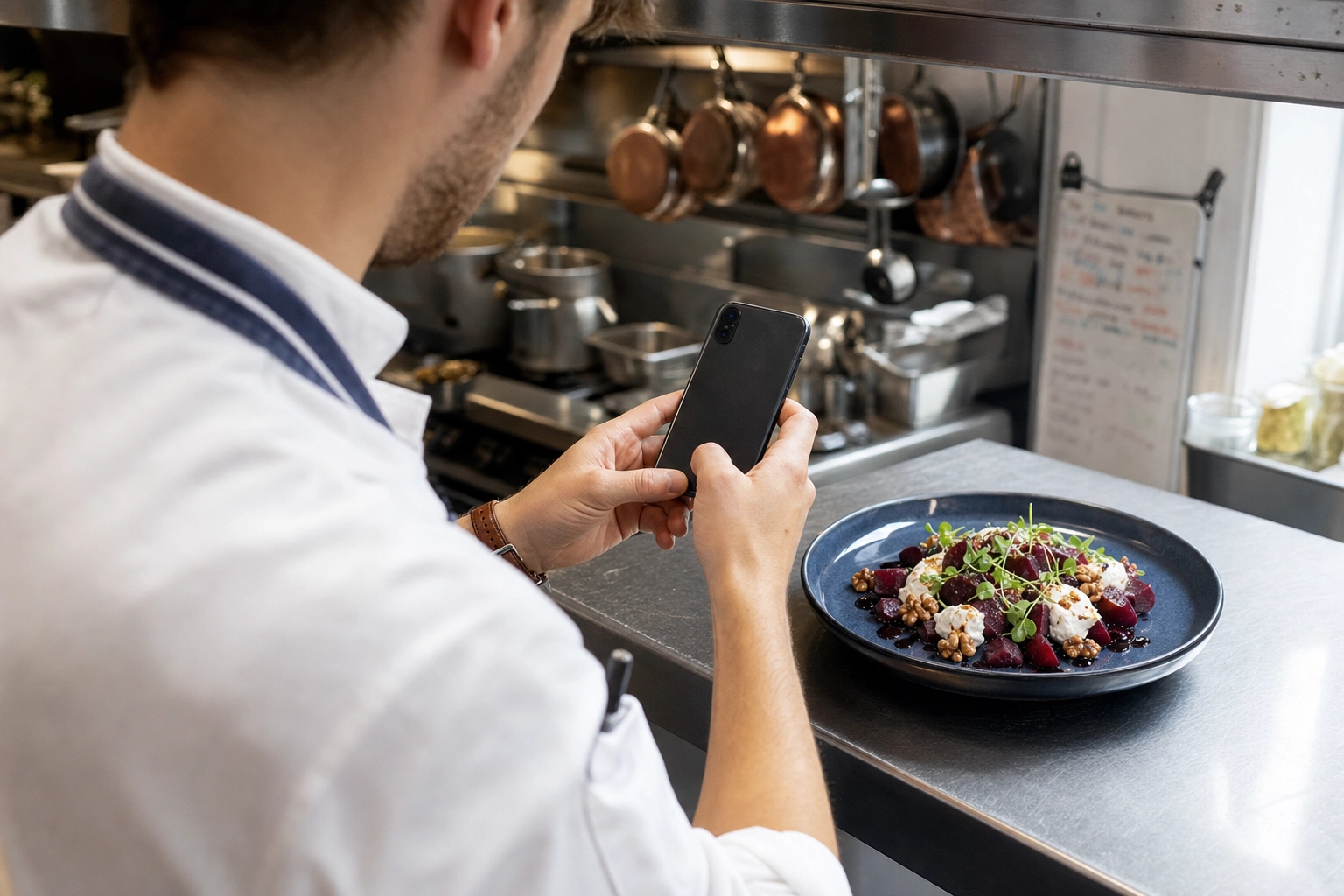 London chef photographing a beetroot goat cheese dish with smartphone in commercial kitchen — AI food photography starting point