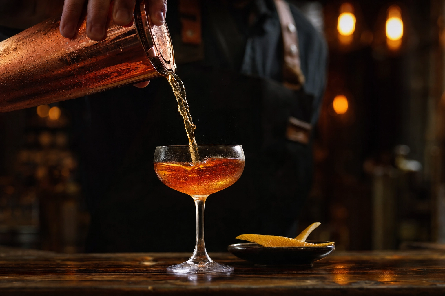 Dramatic action pour of a craft cocktail in a London bar showing drinks photography that AI cannot fully replicate