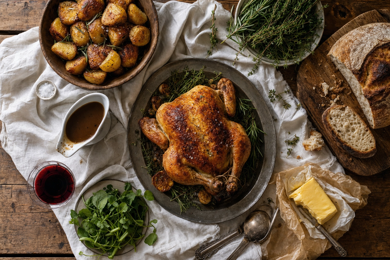 Overhead cookbook-style roast chicken spread in London daylight studio showing editorial work AI cannot replace