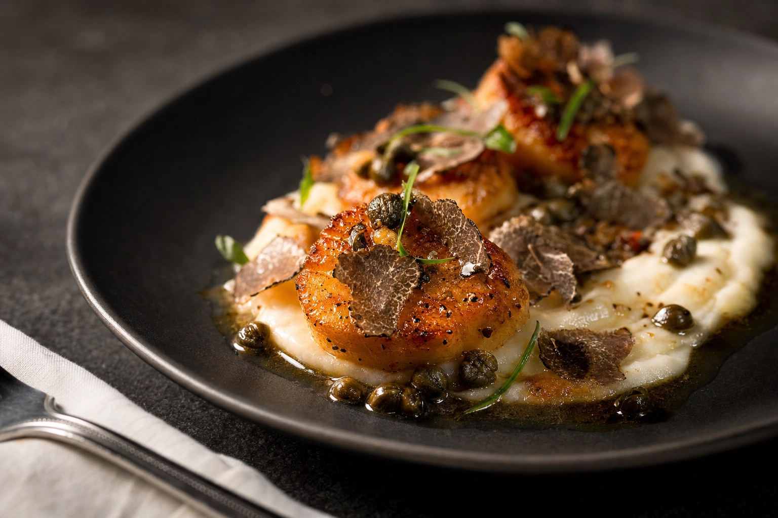 Editorial close-up of pan-roasted Scottish scallops on matte black plate showing premium London food photography quality