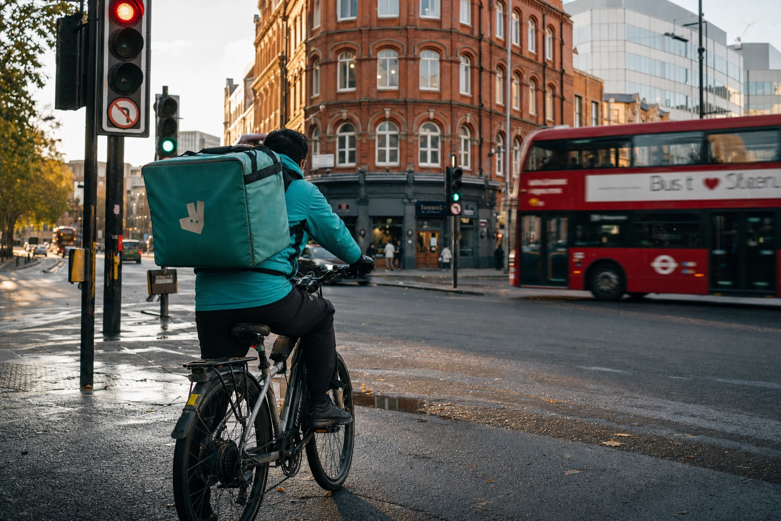 London food delivery courier on electric bike on a city street at golden hour representing Deliveroo Uber Eats and Just Eat economy