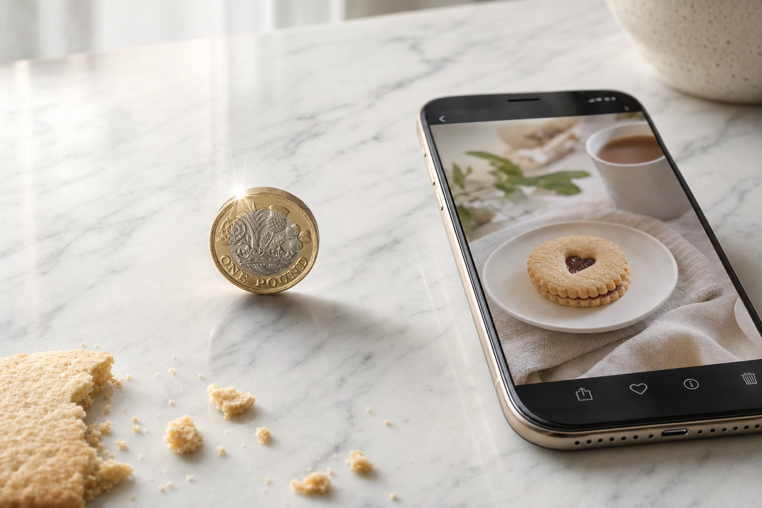 Conceptual still life of a British pound coin and smartphone food photo representing cost savings of AI food photography for London restaurants