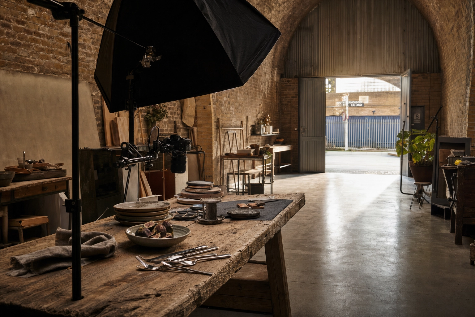 Inside a real London food photography studio in a Bermondsey arch with softbox and tethered camera setup over a styled prop table