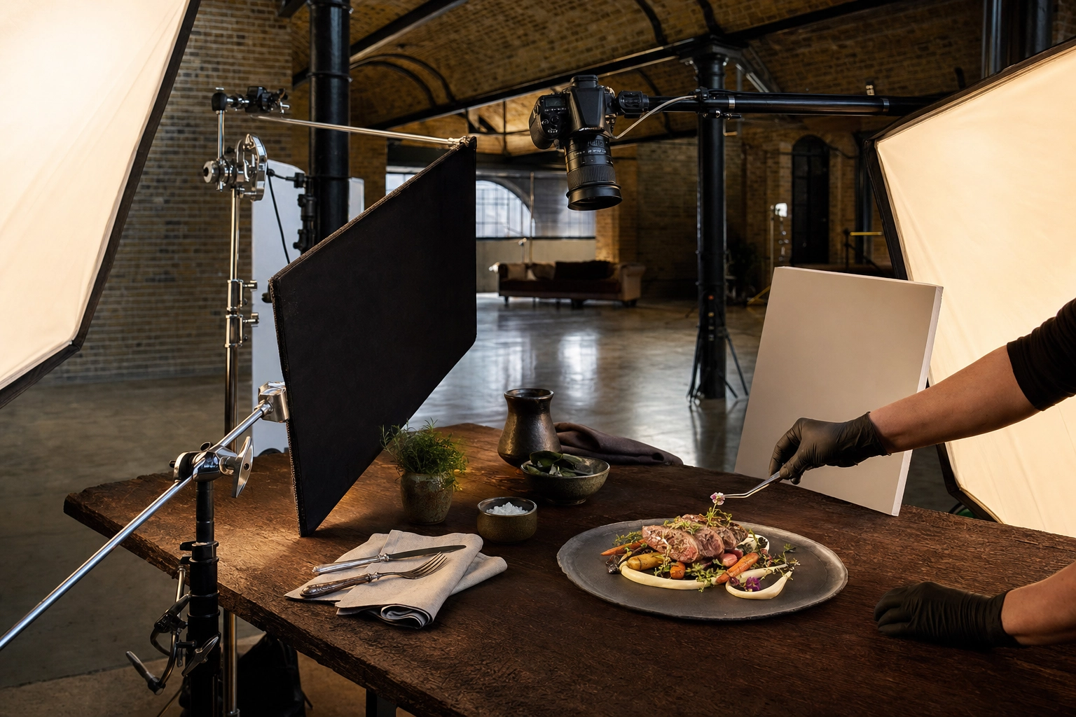 Professional London food photography studio setup with softboxes and tethered camera over a styled lamb dish in Bermondsey arch