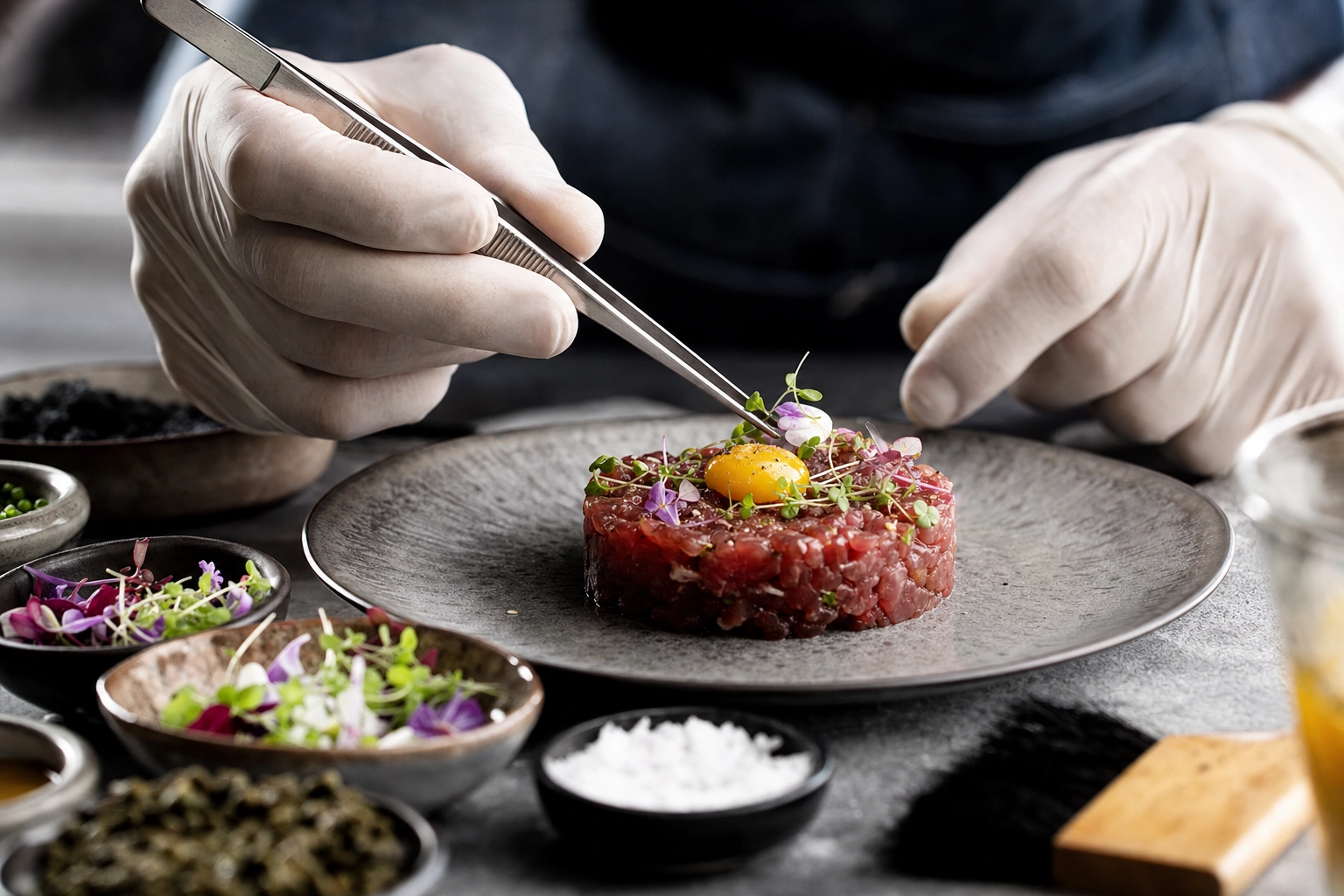 Close-up of food stylist hands placing micro herbs on beef tartare showing the craft of professional London food styling