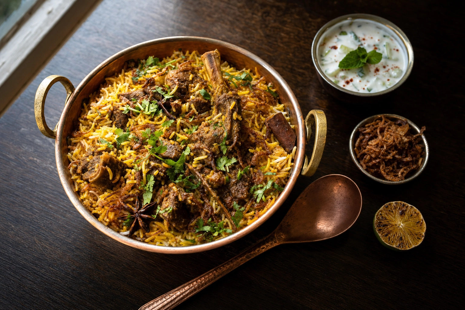 Lamb biryani in copper handi pot showing Brick Lane Indian restaurant photography style for London menus