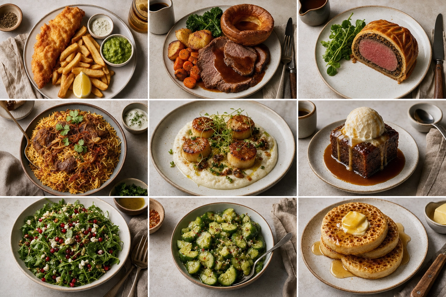 Grid of nine consistently styled British food photos showing brand visual consistency across menu items for London restaurants