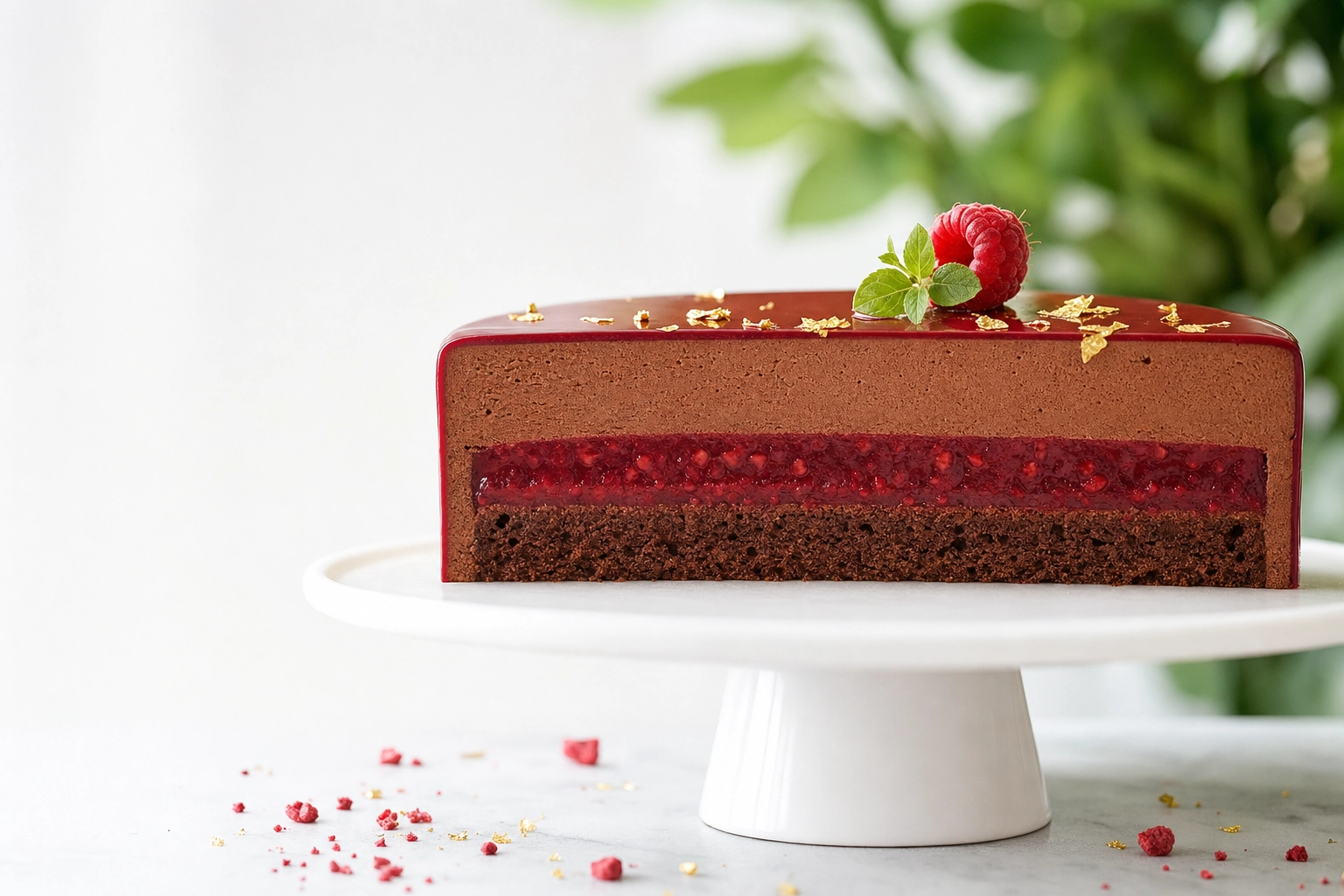 Layered raspberry chocolate entremet dessert showing high-end London patisserie photography needs