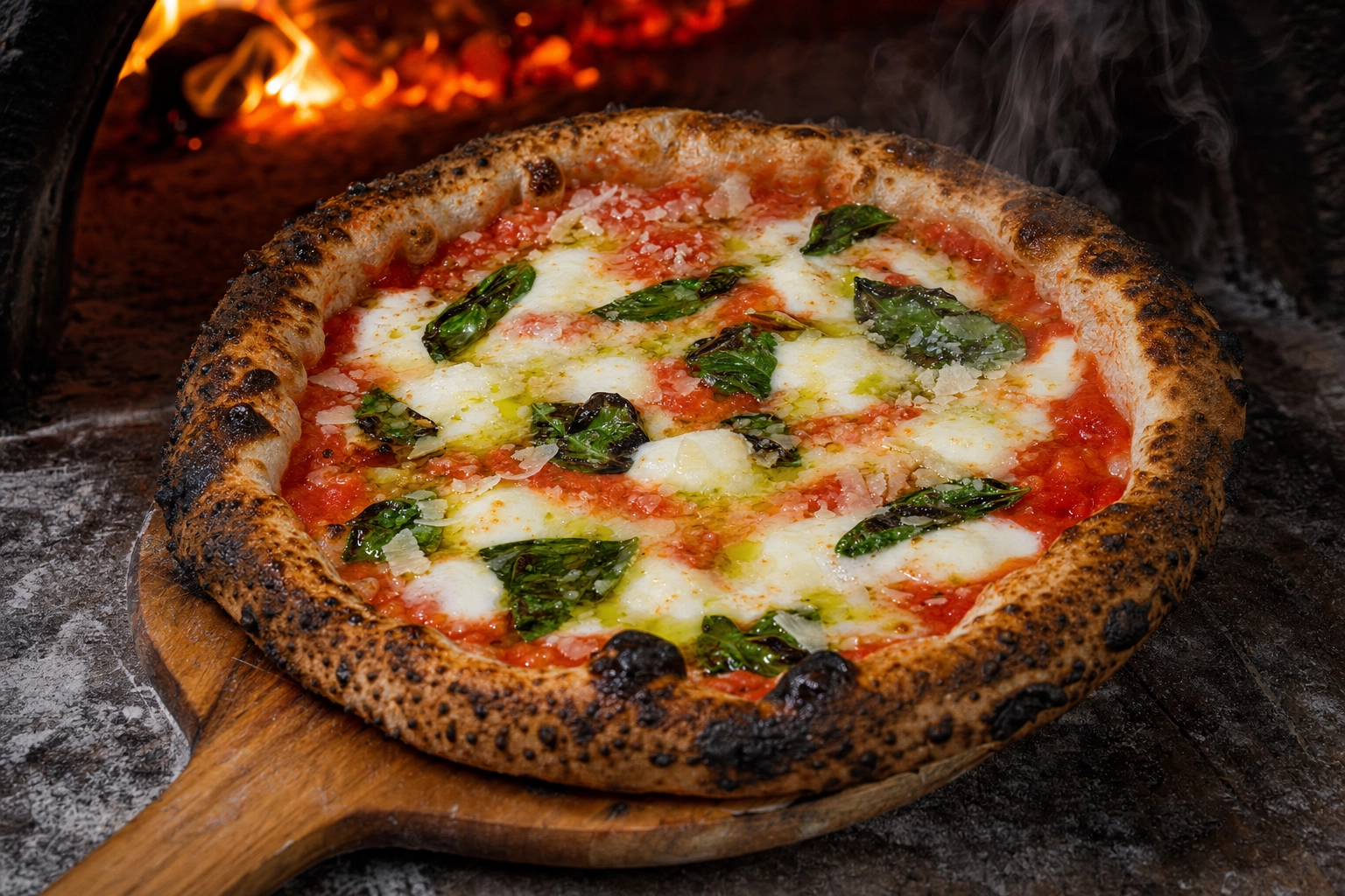 Wood-fired Neapolitan margherita pizza fresh from oven showing London pizzeria menu photography needs