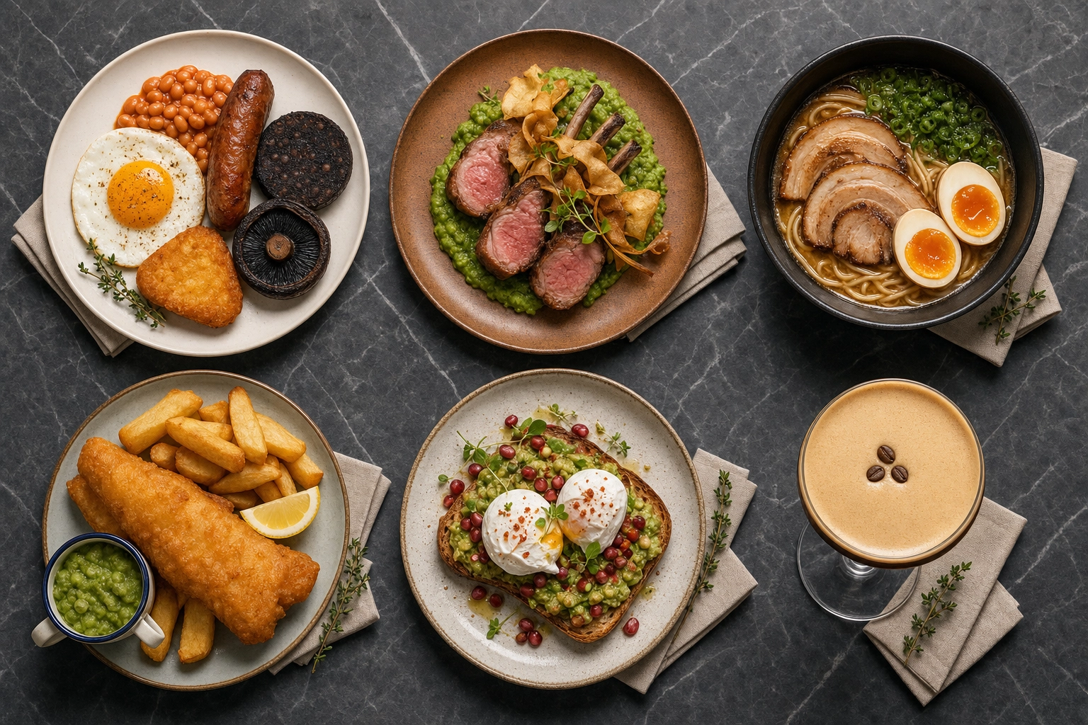 Grid of six consistently styled London restaurant dishes demonstrating menu visual consistency for delivery apps and social media