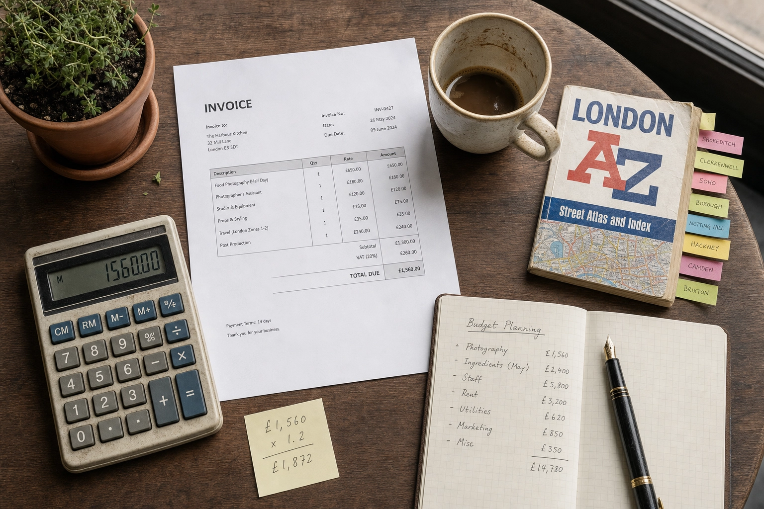 London restaurant owner desk with invoice and calculator showing food photography cost analysis and budget planning