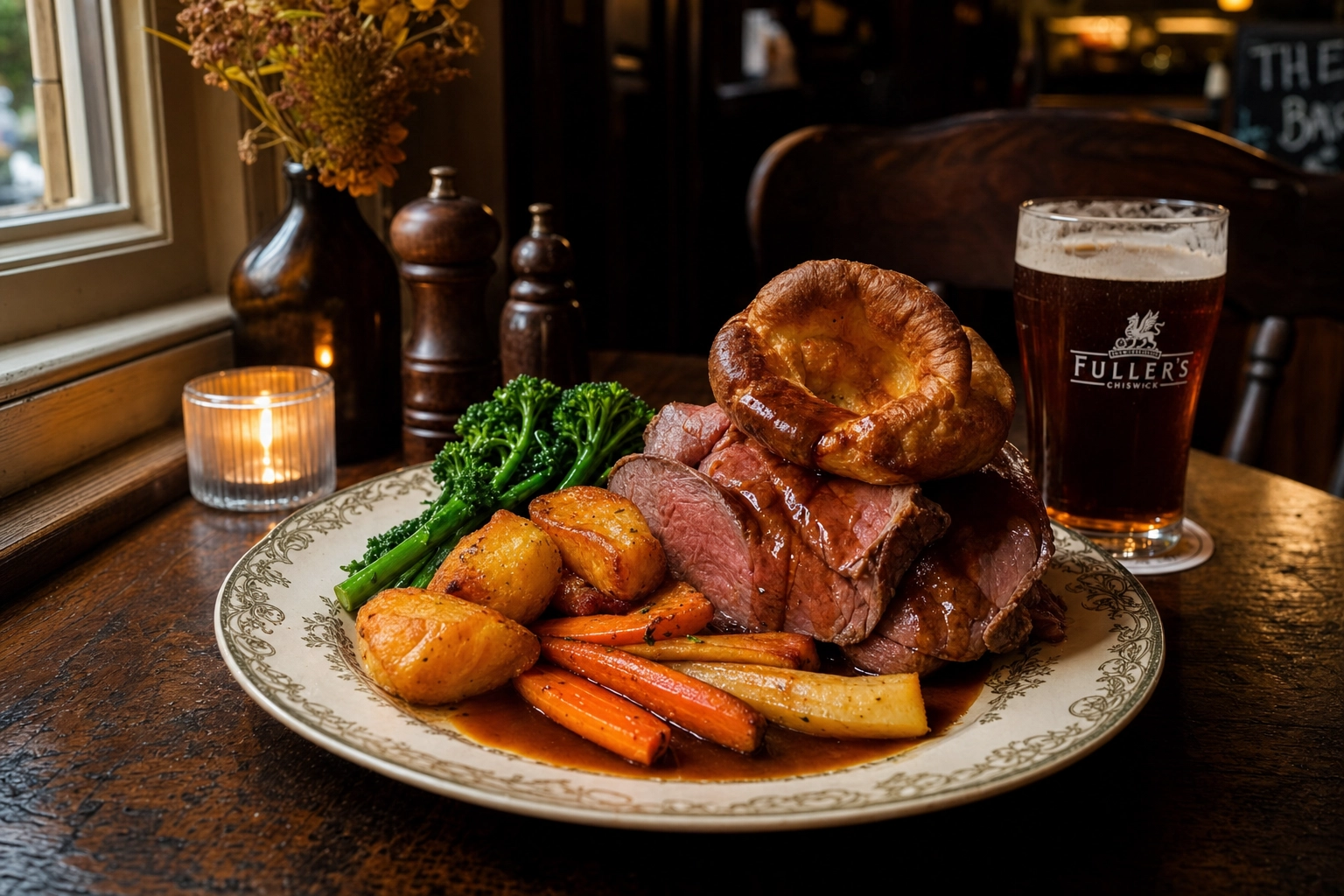 Traditional London Sunday roast with Yorkshire pudding at a gastropub showing seasonal British menu photography