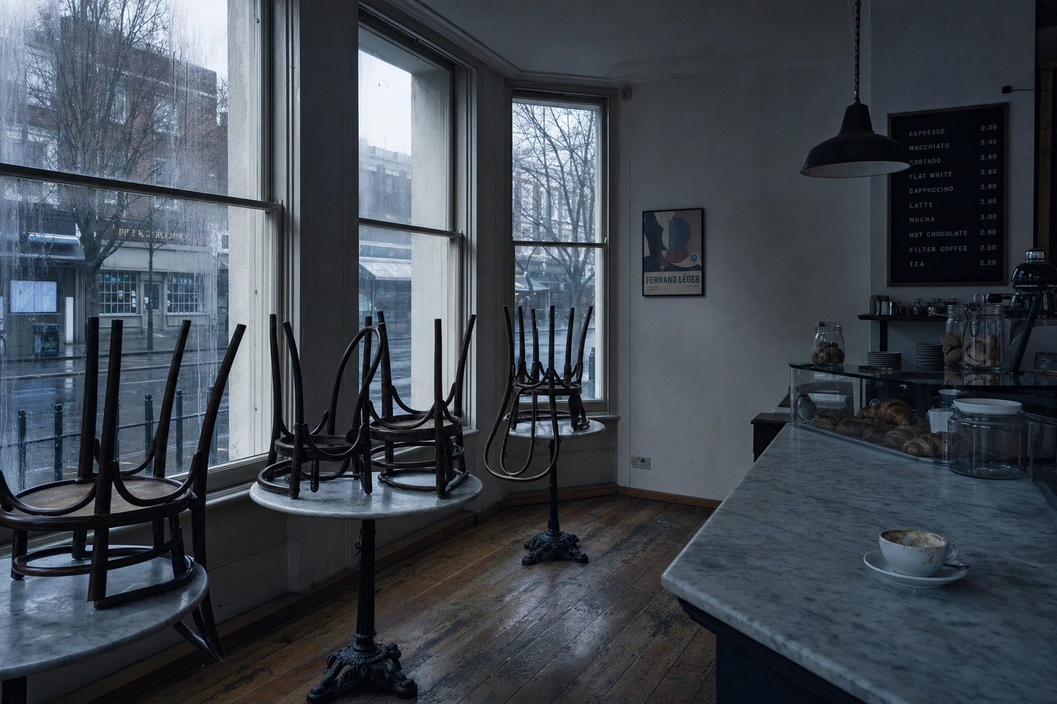 Dim empty London cafe interior at 3pm in December showing the limited winter daylight challenge for food photography in the UK
