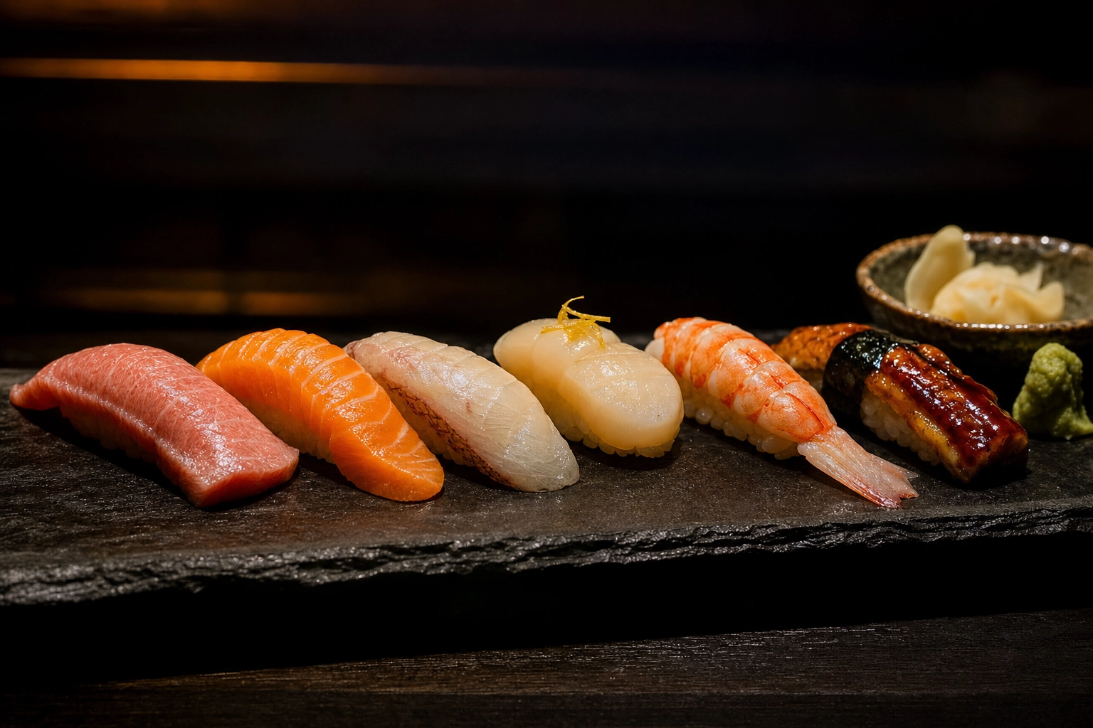 Mayfair London omakase sushi nigiri platter on black slate showing premium Japanese restaurant photography style