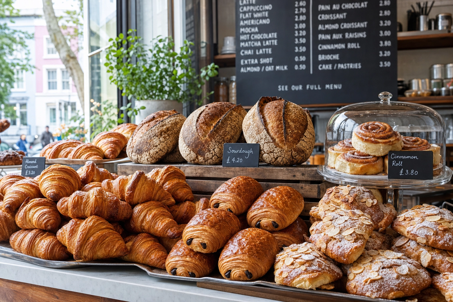 Notting Hill London bakery counter with croissants and pastries showing high-frequency cafe photography needs