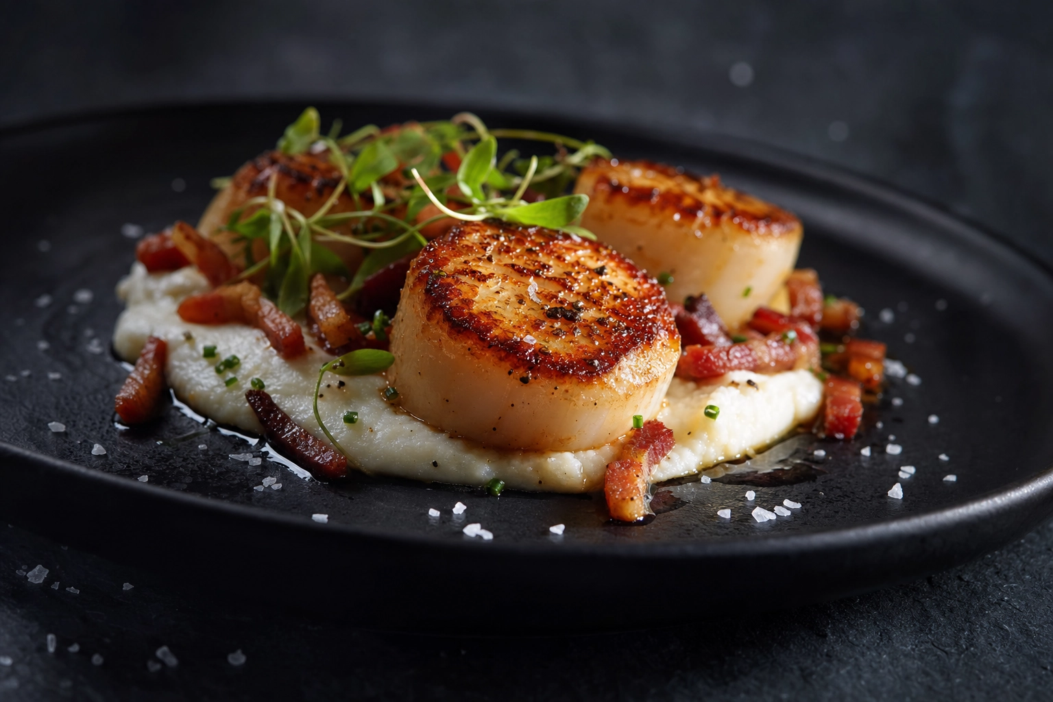Editorial close-up of pan-roasted Scottish scallops on matte black plate showing premium London food photography quality