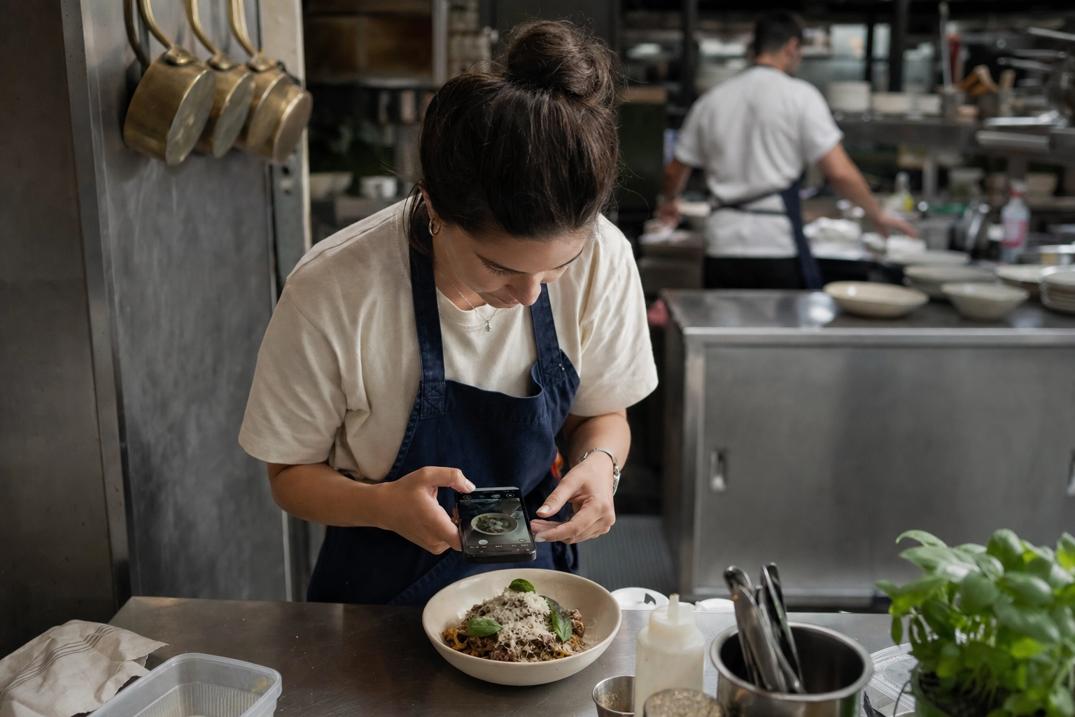 Restaurant manager photographing a plated London dish with smartphone for AI food photography in a working open kitchen