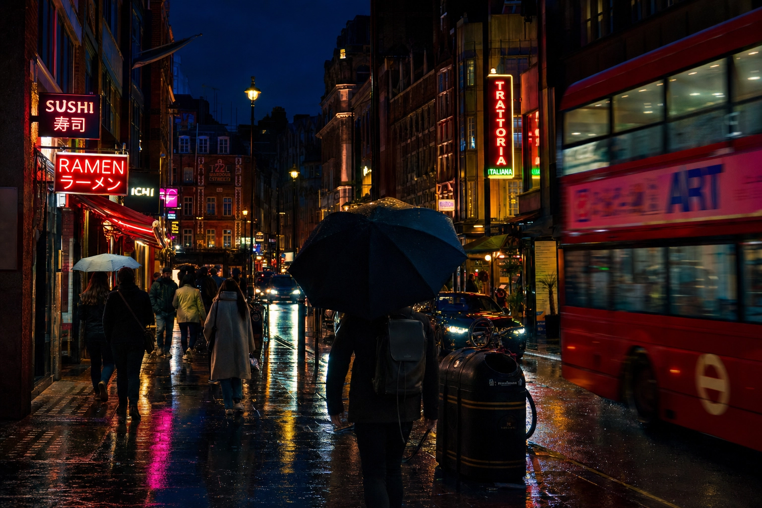 Rainy Soho London street at night with restaurant neon signs reflecting in wet pavement showing capital food scene
