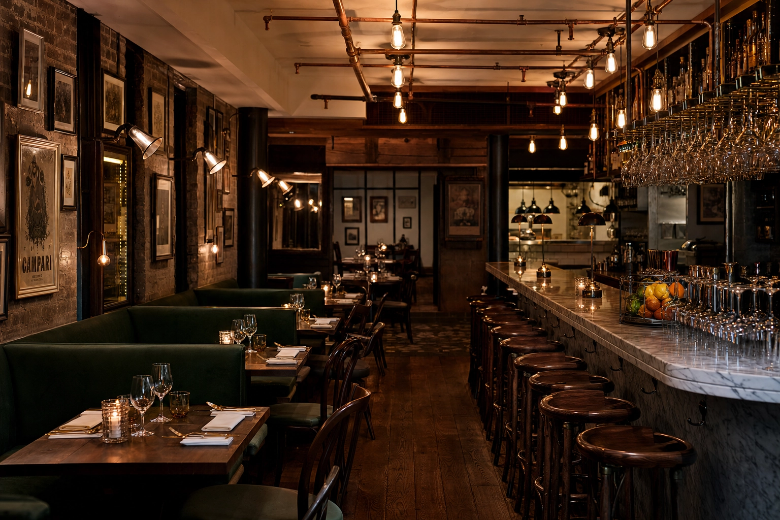 Empty Soho London restaurant interior before service showing dining room photography that requires human photographers