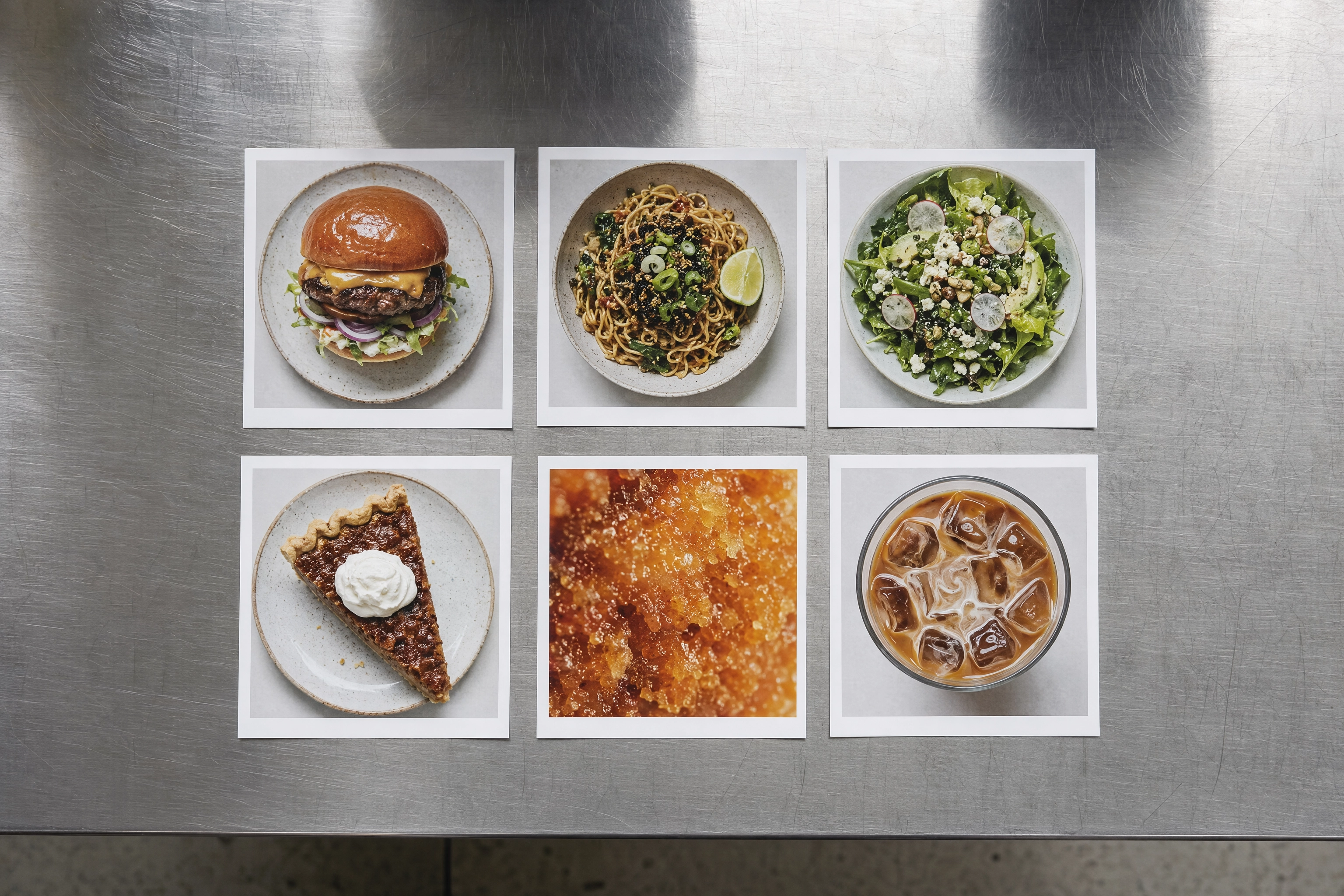 Six menu prints on a steel pass where one unreadable macro texture crop stands out among five recognisable dishes