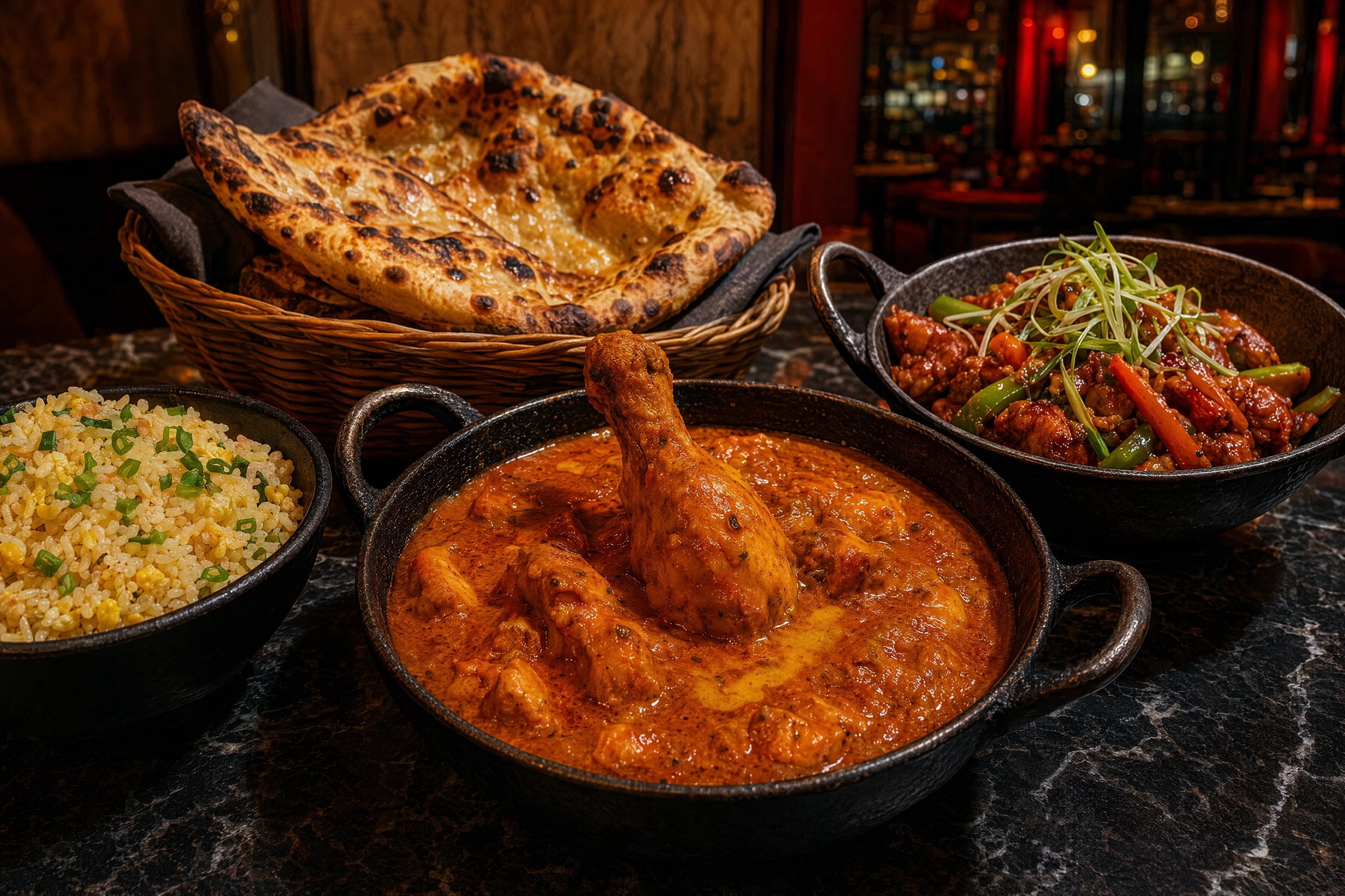 Cast-iron karahi curries, egg fried rice and charred naan on dark marble, a menu-ready Manchester restaurant photo