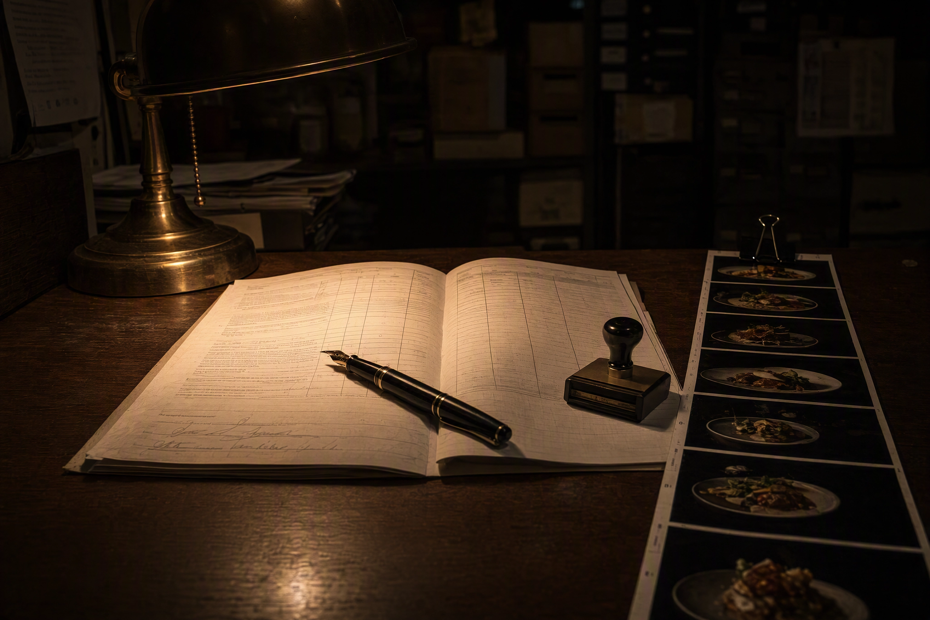 Paper photography licence agreement under a brass lamp beside a contact sheet of dish proofs, showing UK usage rights