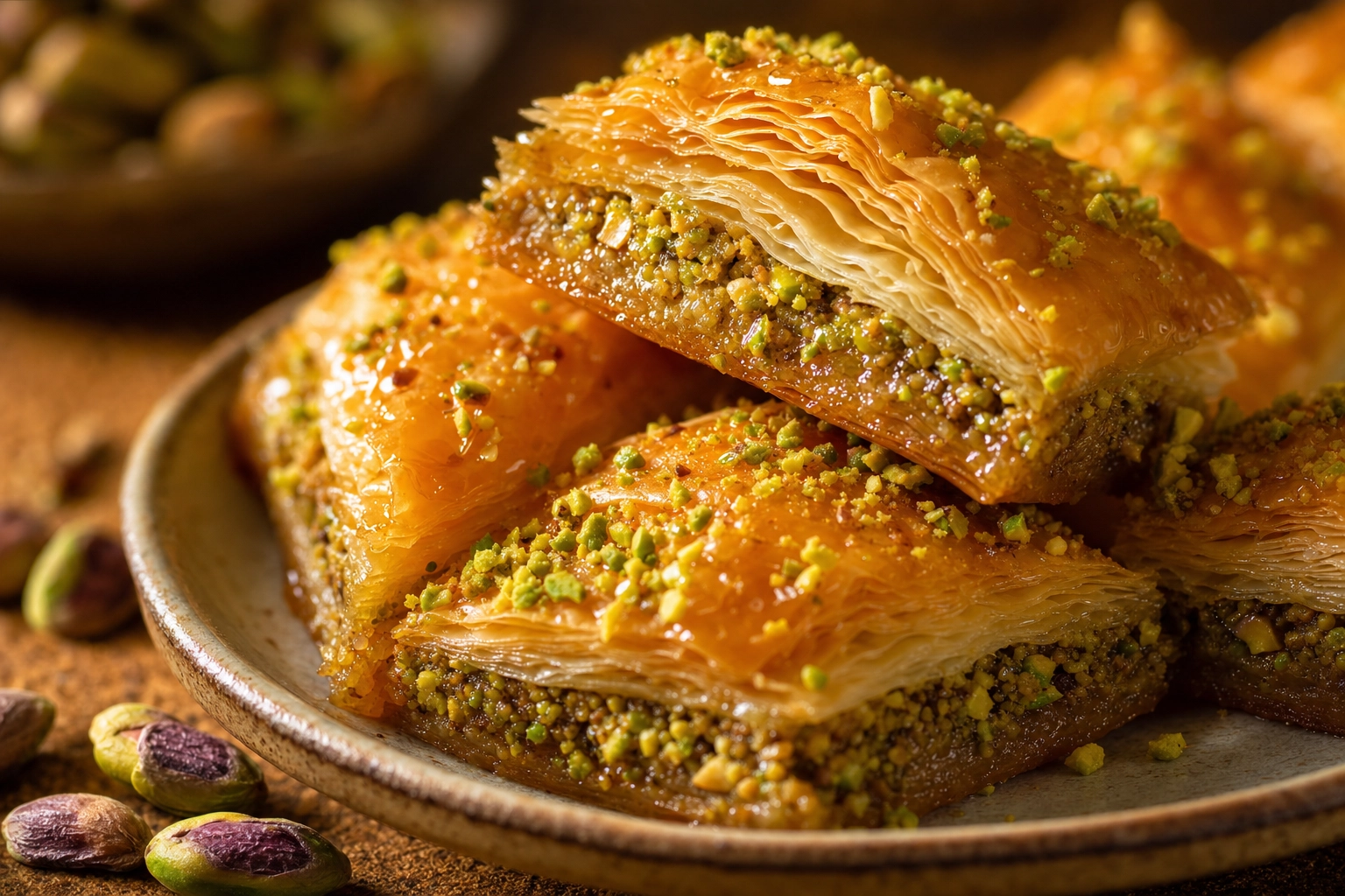 Macro of golden baklava showing flaky phyllo layers and pistachio with glossy syrup