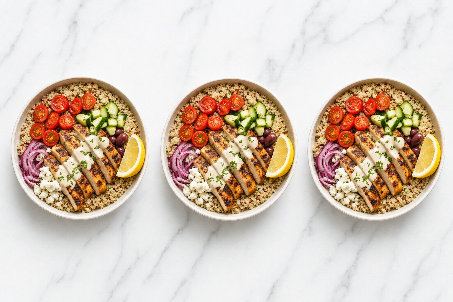Three identically styled Mediterranean grain bowls in a row on marble showing menu consistency