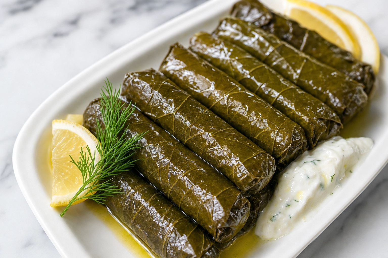 Close-up of glossy dolmades stuffed grape leaves with lemon and yogurt on a white dish