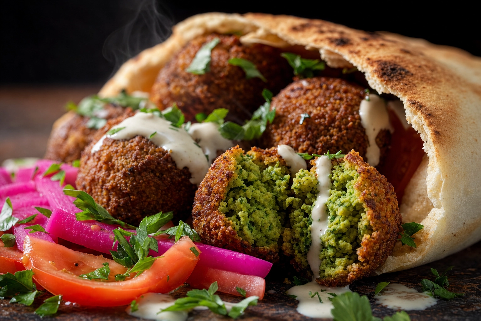 Falafel broken open showing herb-green interior and crisp crust with pita, tahini and pickled turnips