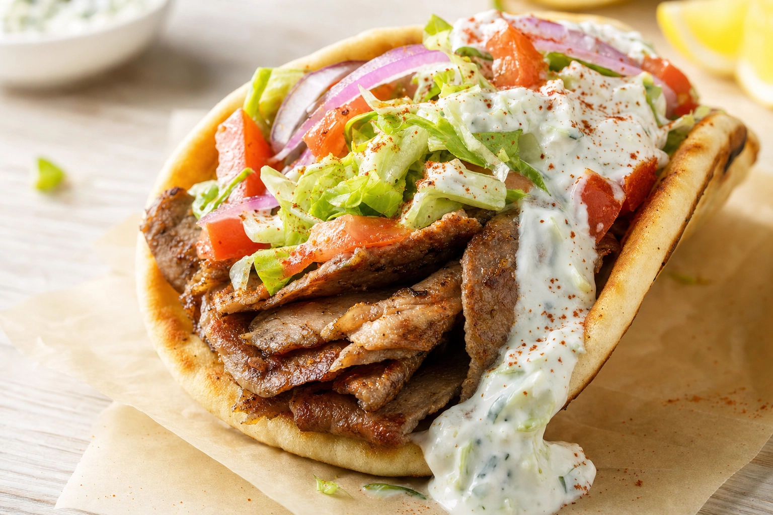 Open Greek gyro on pita with roasted meat, tomato, onion and tzatziki at a 45-degree angle